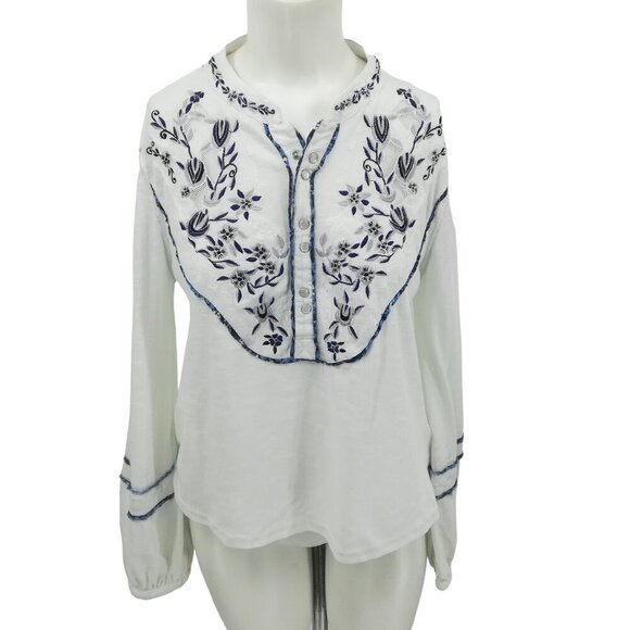 Free People Embroidered Floral Lace Henley Pearl Snap Shirt Size S Puff Sleeve - Picture 1 of 11